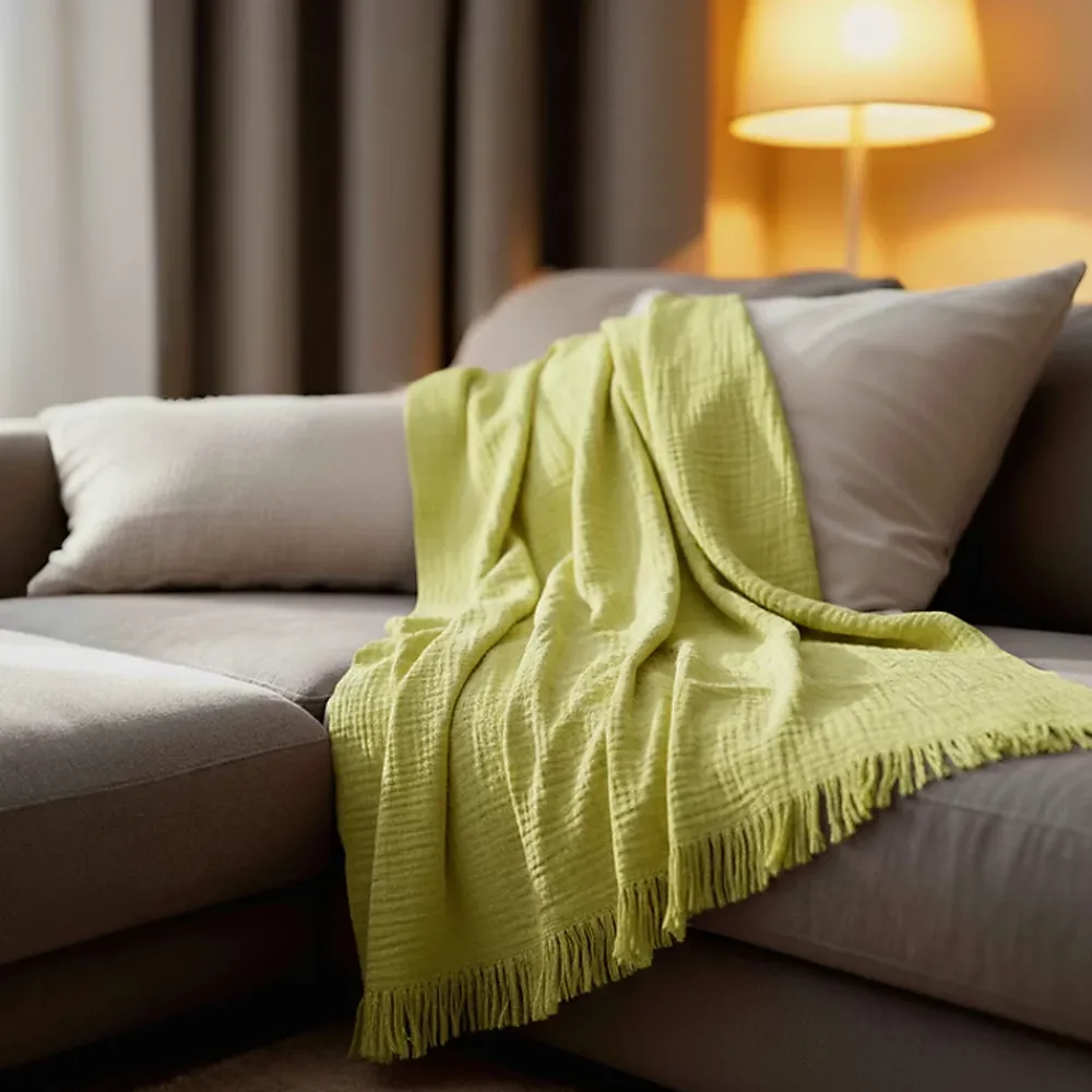 Sacasa Couverture plaid 100% coton vert citron avec franges 130x170cm BITALD -* Boutis, Couvre-Lit, Édredon
