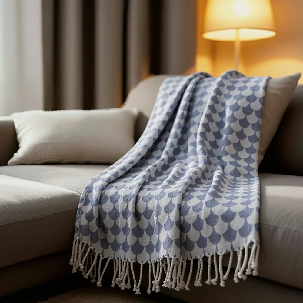 Couverture plaid DROPALL 100% coton bleu marine et blanc 130x170 cm ->Sacasa