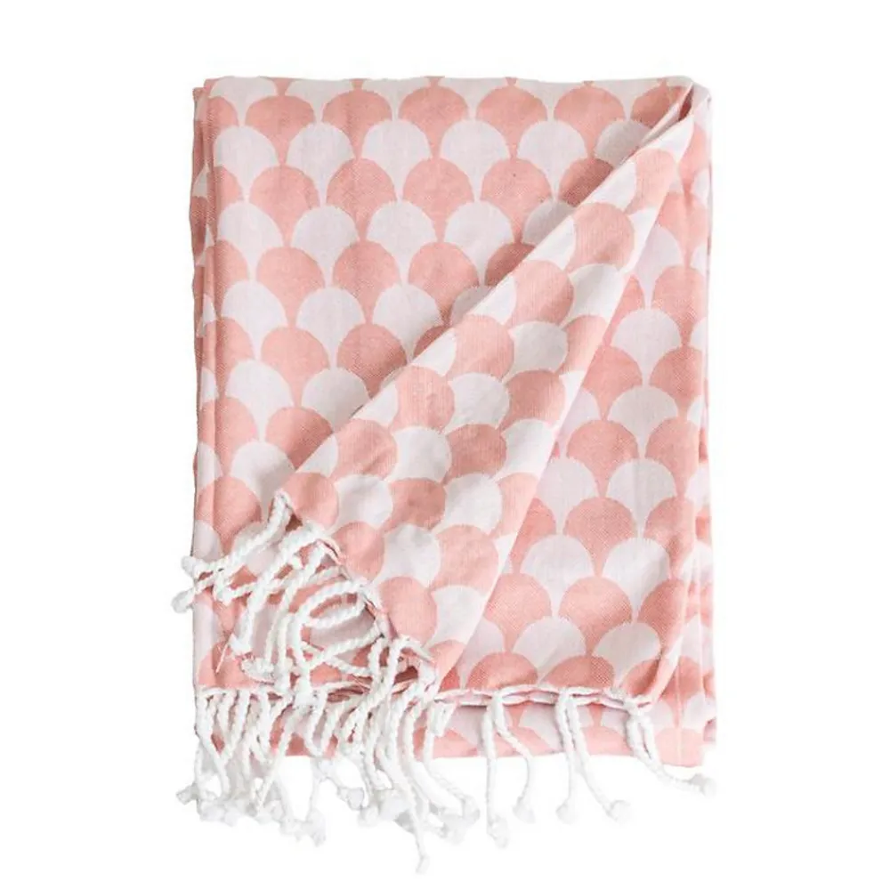 Couverture plaid DROPALL en coton 100% - Rose saumon et blanc avec franges ->Sacasa Sale