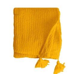Couverture plaid jaune en coton 100% avec franges - 130x170 cm -><noscript><img width=