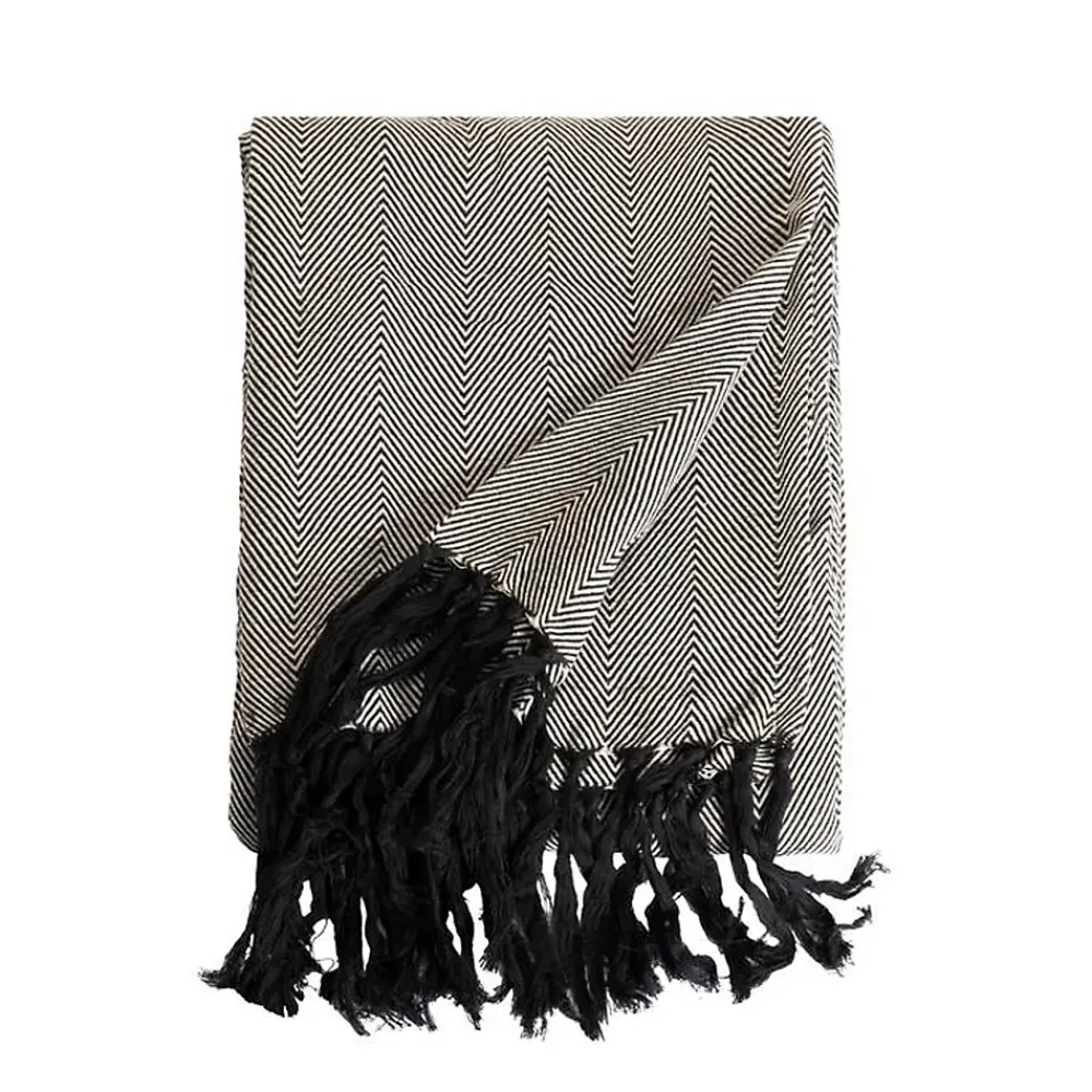 Sacasa Couverture plaid ZIGORA en coton 100 % - Noir avec franges 180x220 cm -* Boutis, Couvre-Lit, Édredon