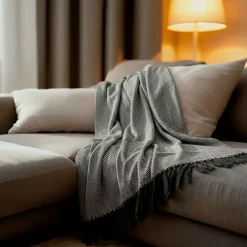 Sacasa Couverture plaid ZIGORA en coton 100 % - Noir avec franges 180x220 cm -* Boutis, Couvre-Lit, Édredon