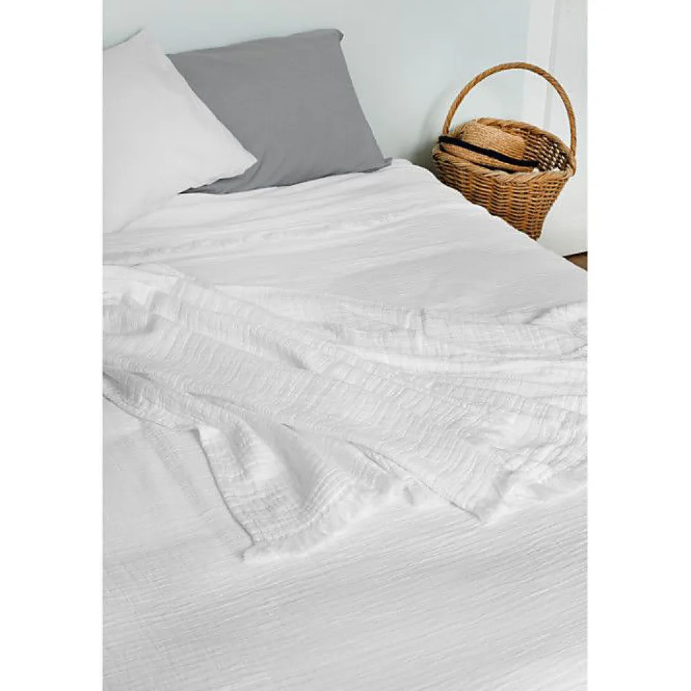 Couvre lit à franges "Brehat" Gaze de Coton stonewashed - Brehat Blanc - 230 x 250 cm>Toison d'Or Online