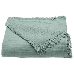 Couvre lit à franges "Brehat" Gaze de Coton stonewashed - Brehat Lichen - 230 x 250 cm>Toison d'Or