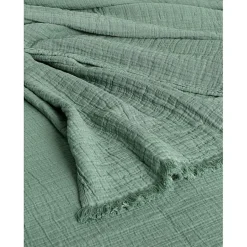 Couvre lit à franges "Brehat" Gaze de Coton stonewashed - Brehat Lichen - 230 x 250 cm>Toison d'Or