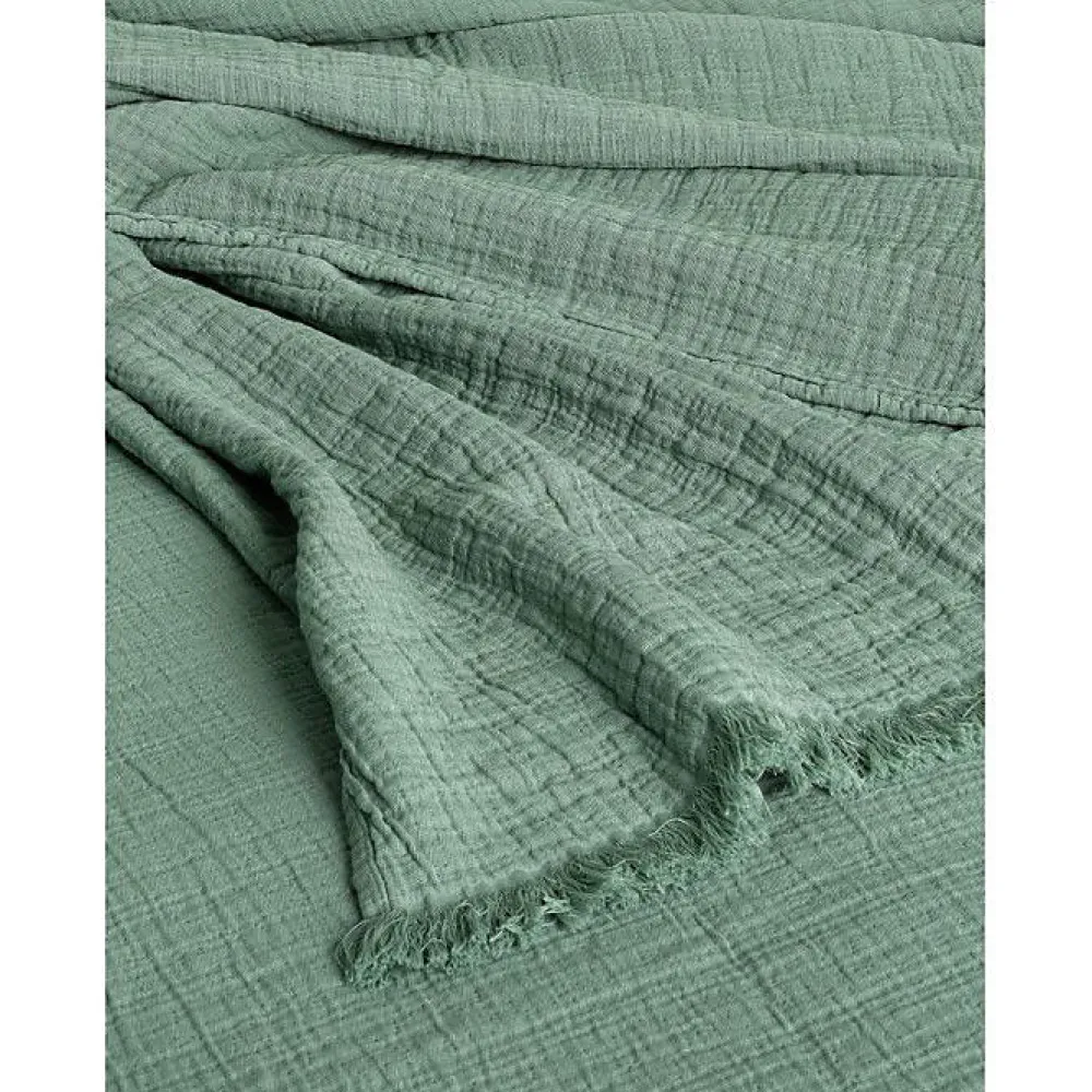 Couvre lit à franges "Brehat" Gaze de Coton stonewashed - Brehat Lichen - 230 x 250 cm>Toison d'Or