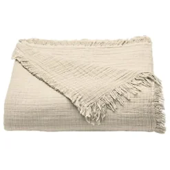 Couvre lit à franges "Brehat" Gaze de Coton stonewashed - Brehat Galet - 270 x 250 cm>Toison d'Or Sale