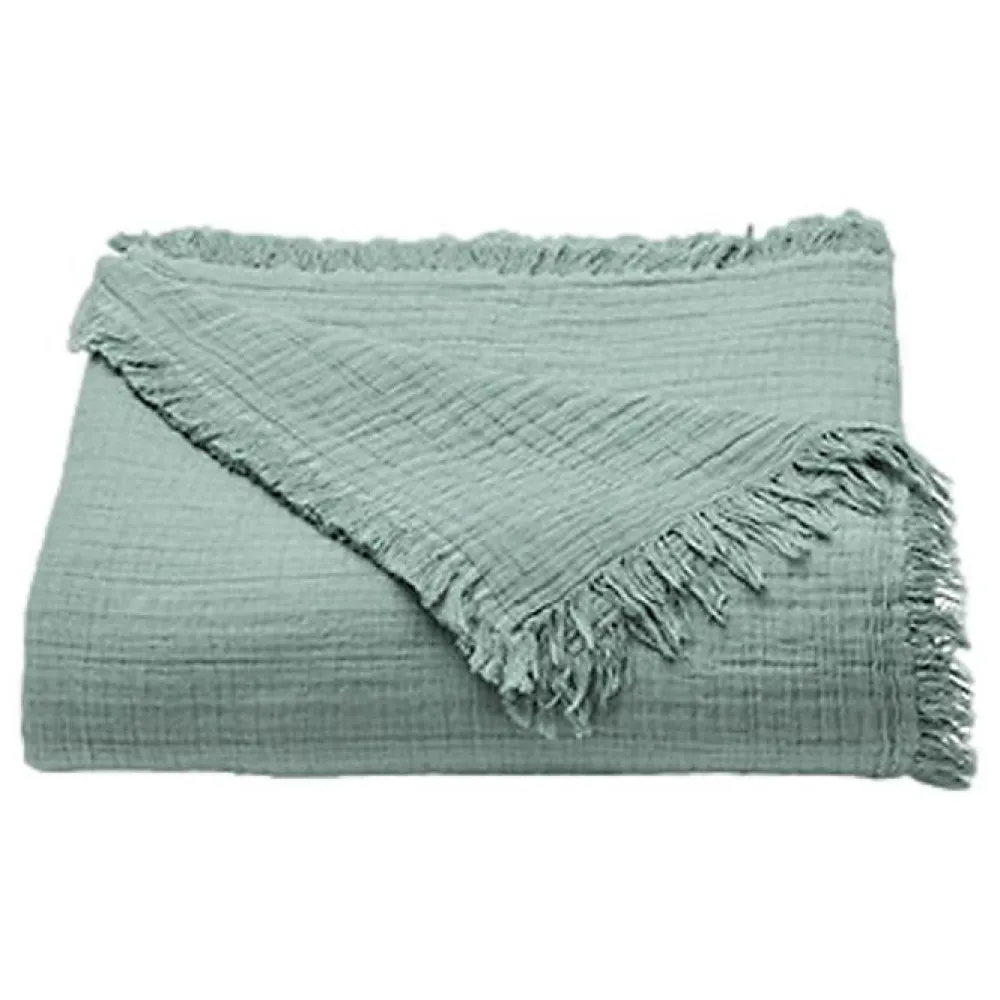 Couvre lit à franges "Brehat" Gaze de Coton stonewashed - Brehat Lichen - 180 x 250 cm>Toison d'Or