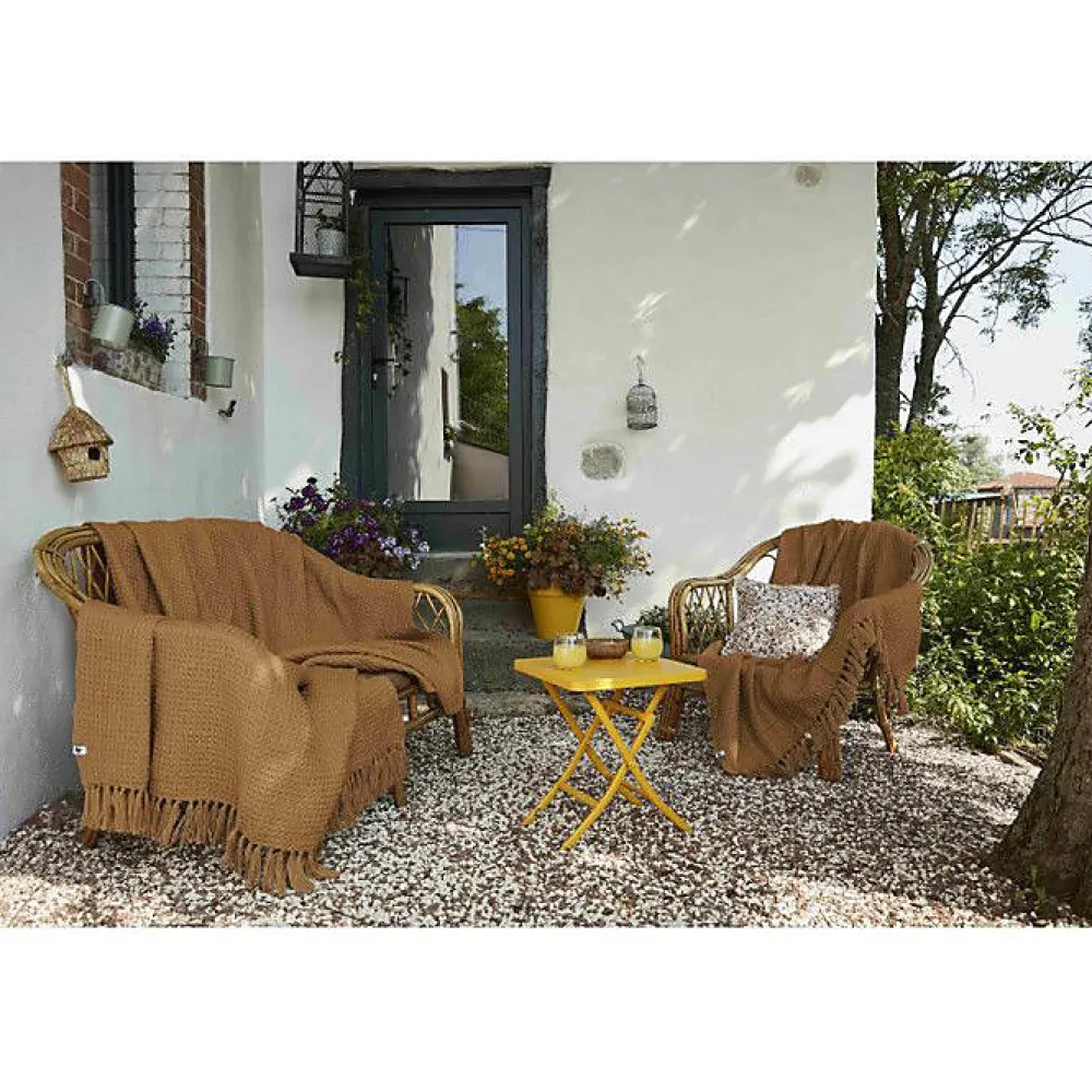 Couvre lit à franges nid d'abeille "Gabin" 240 x 260 cm - Gabin Camel>L'Effet Papillon Discount