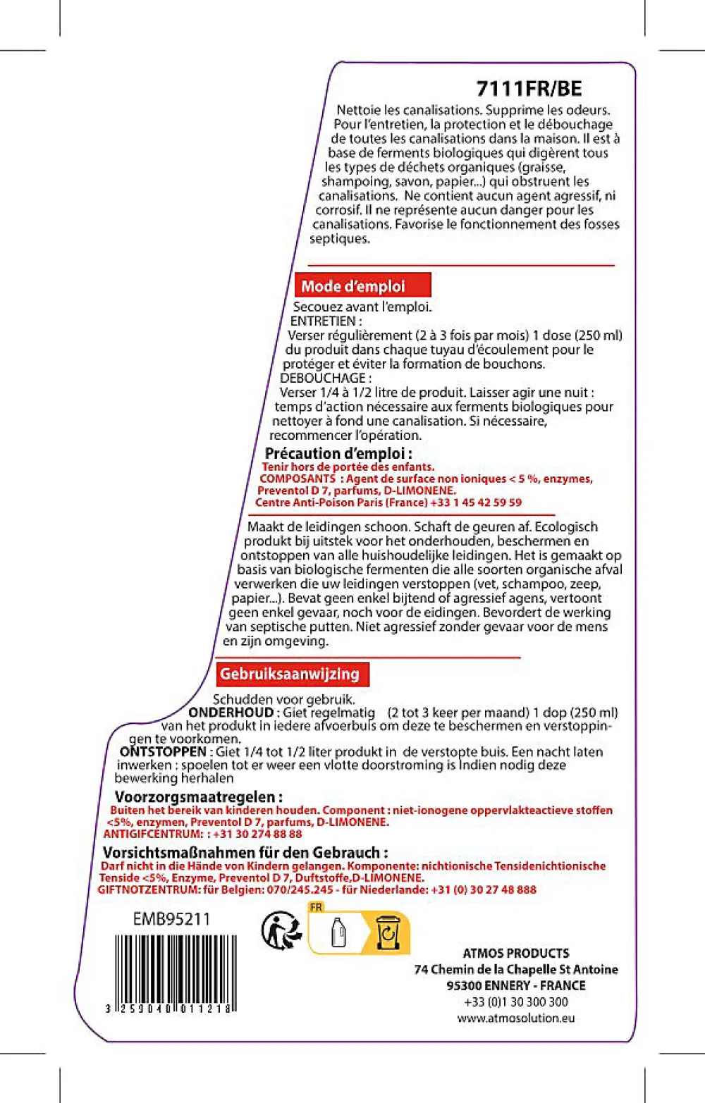 Déboucheur bio 1l entretien canalisations>Atmos Best