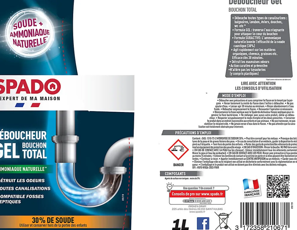 Déboucheur gel cuisine et salle de bain 1L>Spado Discount