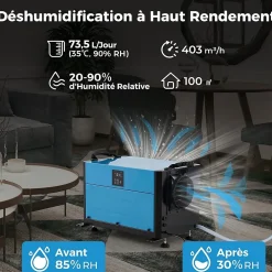 Giantex Deshumidificateur d Air Industriel 73,5L/Jour, 20%-90% Humidité, 2 Méthodes Drainage, Bleu* Déshumidificateur D'Air