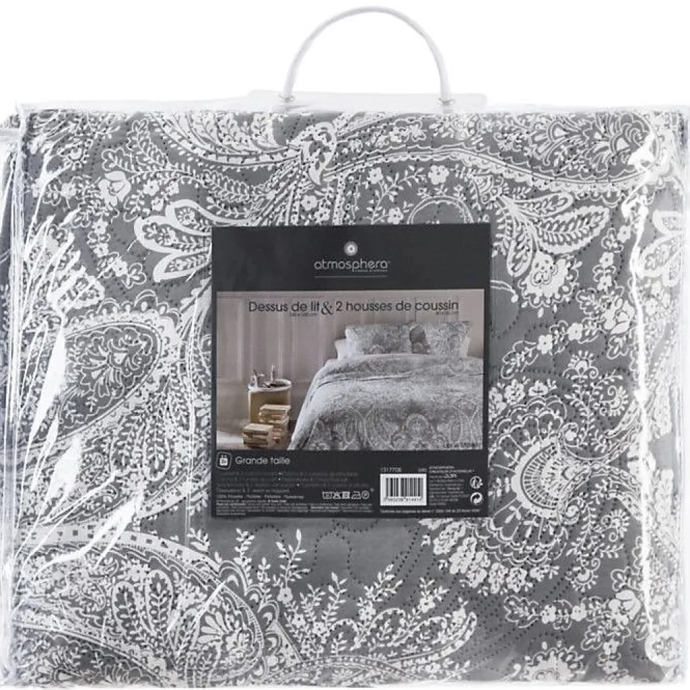 Dessus de lit 260 x 240 cm + 2 Taies 60 x 60 cm "Marie" - Gris>Atmosphera Discount