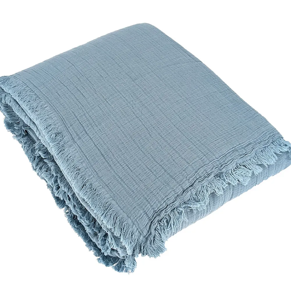 Dessus de lit 230x250 cm BREHAT 100% gaze de coton bleu orage>Linnea Best