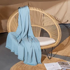 Dessus de lit 230x250 cm BREHAT 100% gaze de coton bleu orage><noscript><img width=
