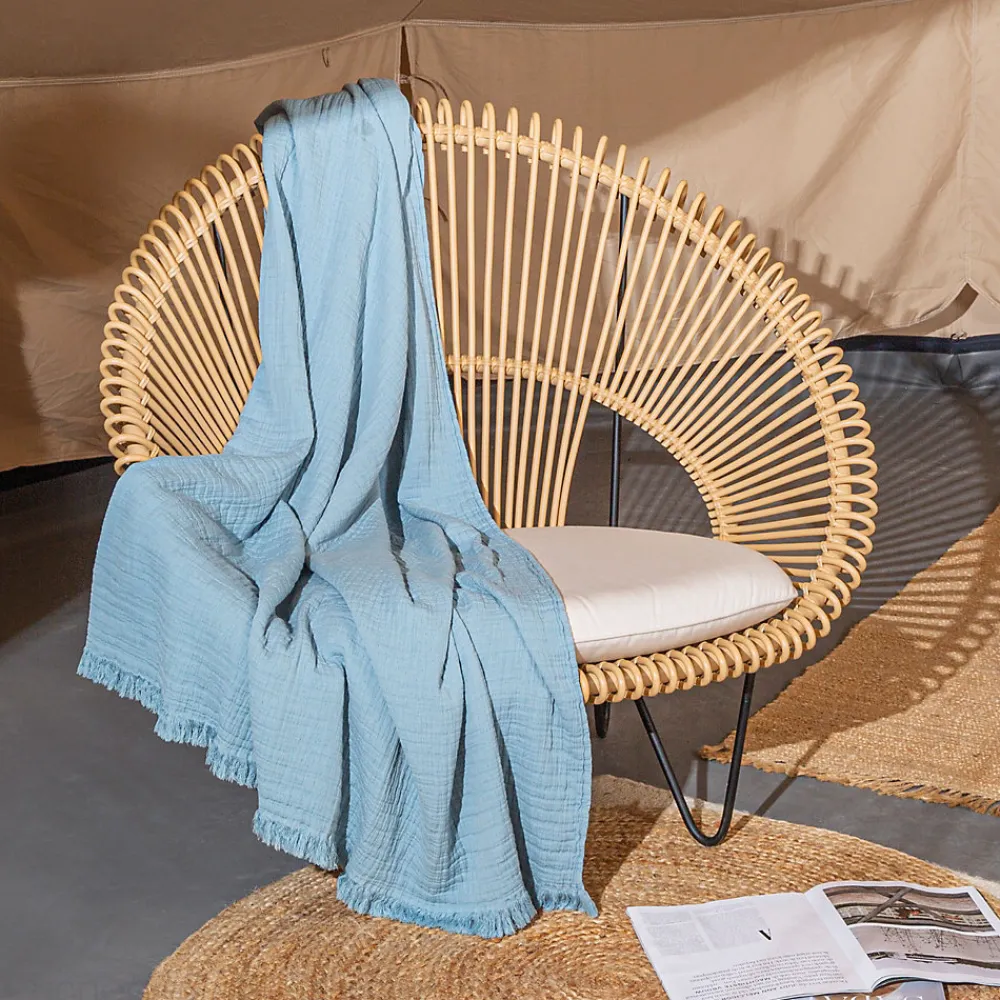Dessus de lit 230x250 cm BREHAT 100% gaze de coton bleu orage>Linnea Best