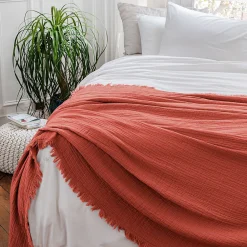 Linnea Dessus de lit 180x250 cm BREHAT 100% gaze de coton orange corail* Boutis, Couvre-Lit, Édredon