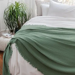 Dessus de lit 180x250 cm BREHAT 100% gaze de coton vert lichen>Linnea Clearance