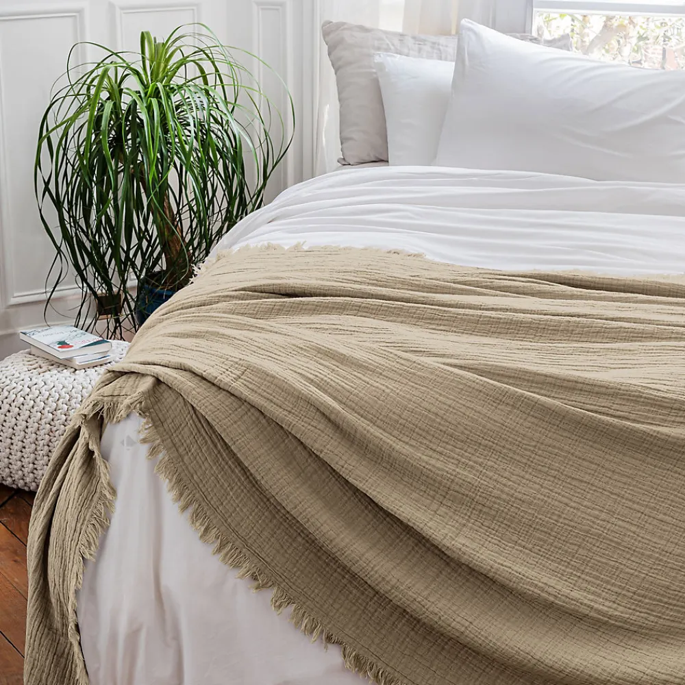 Dessus de lit 230x250 cm BREHAT 100% gaze de coton marron galet>Linnea Sale