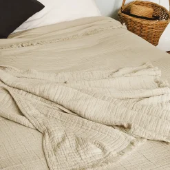 Dessus de lit 230x250 cm BREHAT 100% gaze de coton marron galet><noscript><img width=