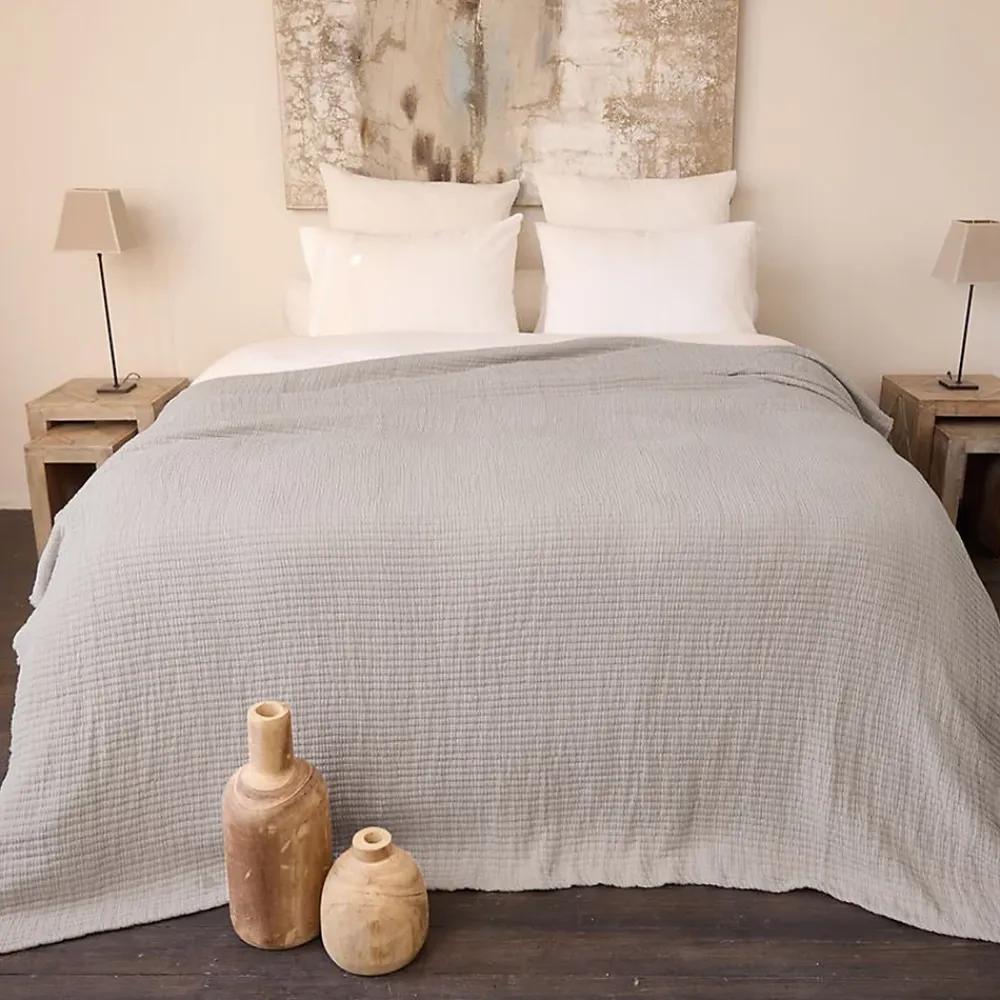 Linnea Dessus de lit 230x250 cm en coton lavé SEVILLE gris bronze* Boutis, Couvre-Lit, Édredon