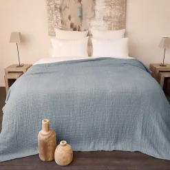 Linnea Dessus de lit 230x250 cm en coton lavé SEVILLE bleu abysse* Boutis, Couvre-Lit, Édredon