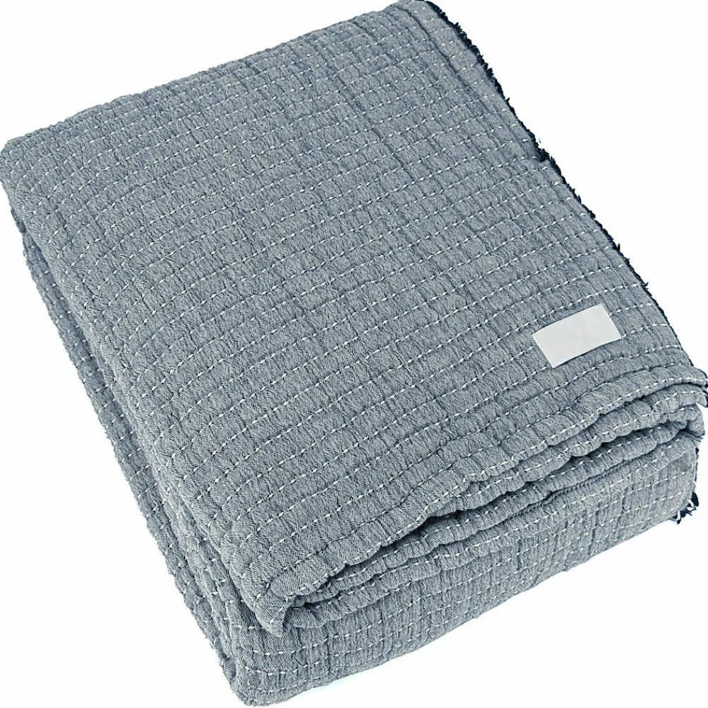 Dessus de lit 270x250 cm en coton lavé SEVILLE bleu abysse>Linnea Discount
