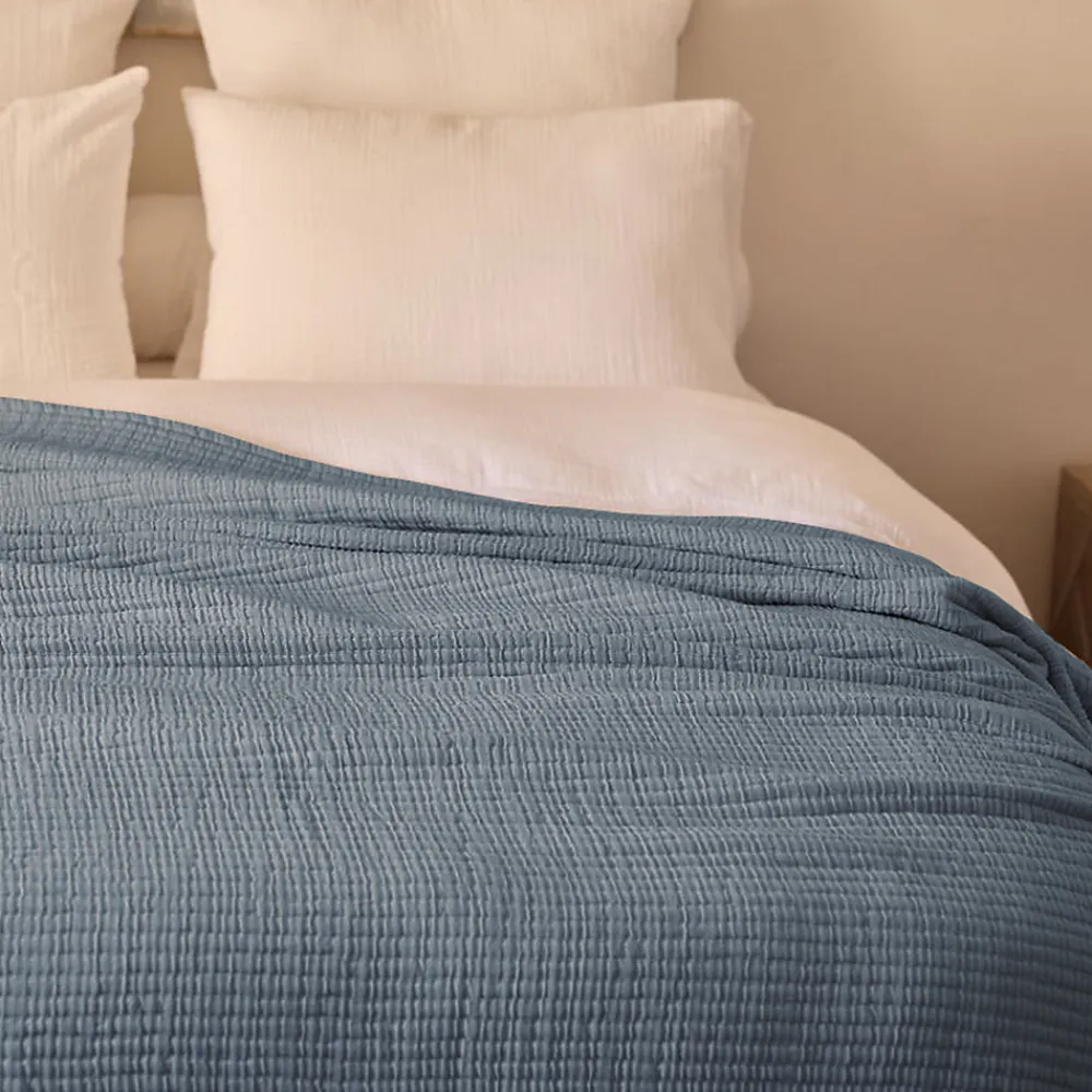Dessus de lit 270x250 cm en coton lavé SEVILLE bleu abysse>Linnea Discount