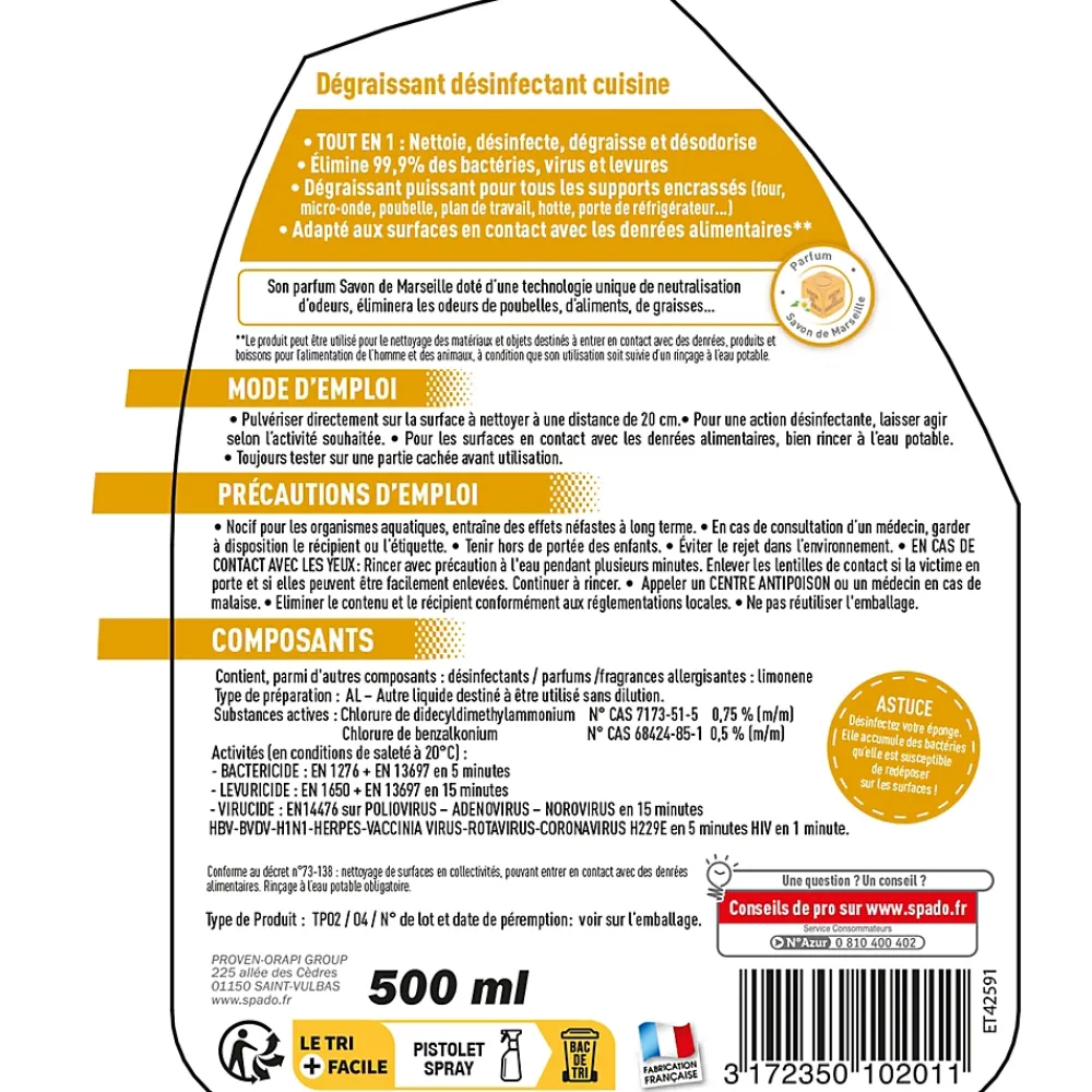 Spado Dégraissant désinfectant cuisine 500ml* Nettoyant Pour Cuisine