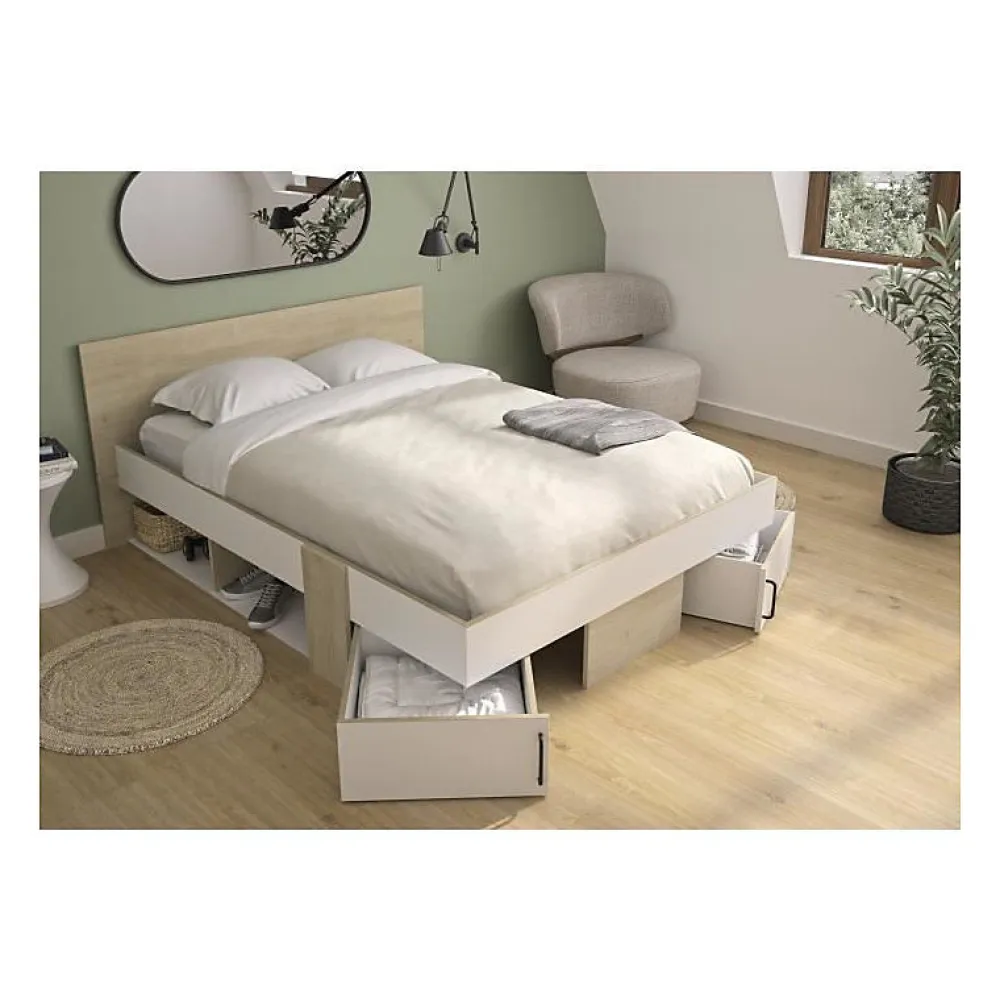 Lit adulte avec tiroirs de rangement - Chene et blanc - 140 x 190 - SWIVEL>Diagone
