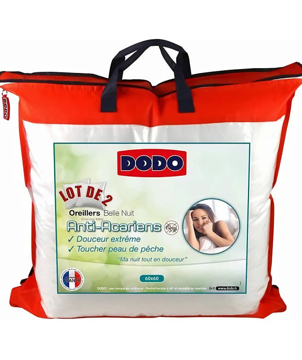 Lot de 2 Oreillers Anti-Acariens Belle Nuit 60x60 cm blanc>Dodo Outlet