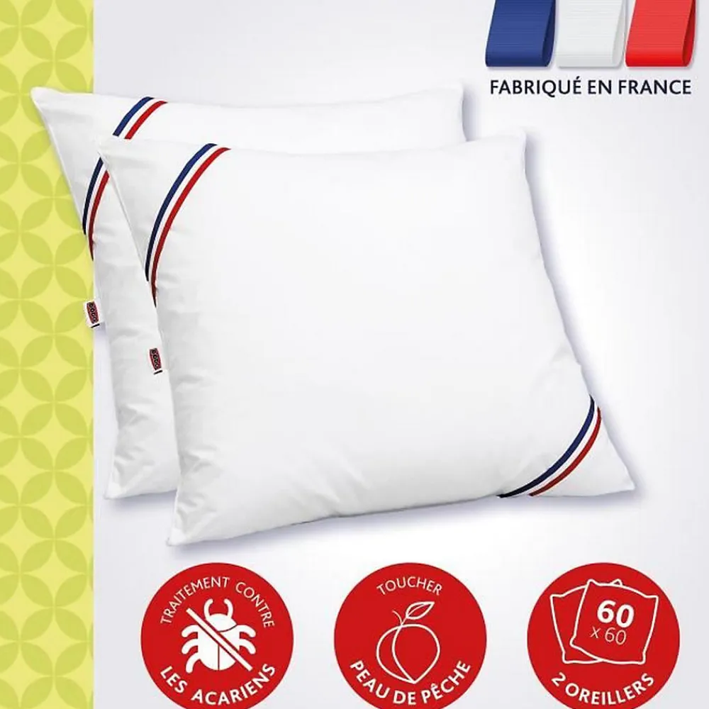 Lot de 2 Oreillers Anti-Acariens Belle Nuit 60x60 cm blanc>Dodo Outlet