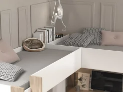 Vente-unique Double lit mezzanine d'angle 2 x 90 x 200 cm - Avec rangements et bureaux - Blanc et naturel - LASCANO* Lit Mezzanine