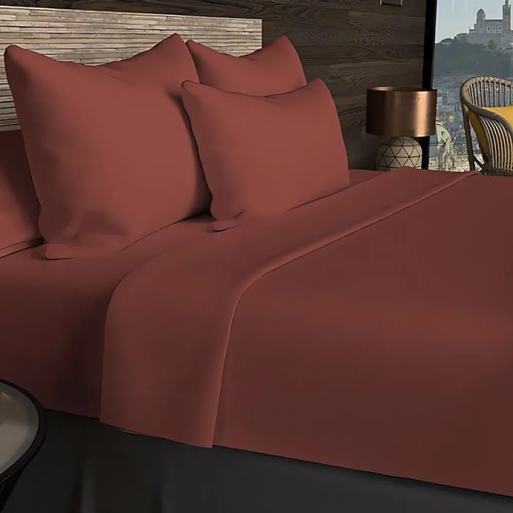 Drap housse en coton 57 fils 90x190 cm UNI brique, par>Soleil D'Ocre New