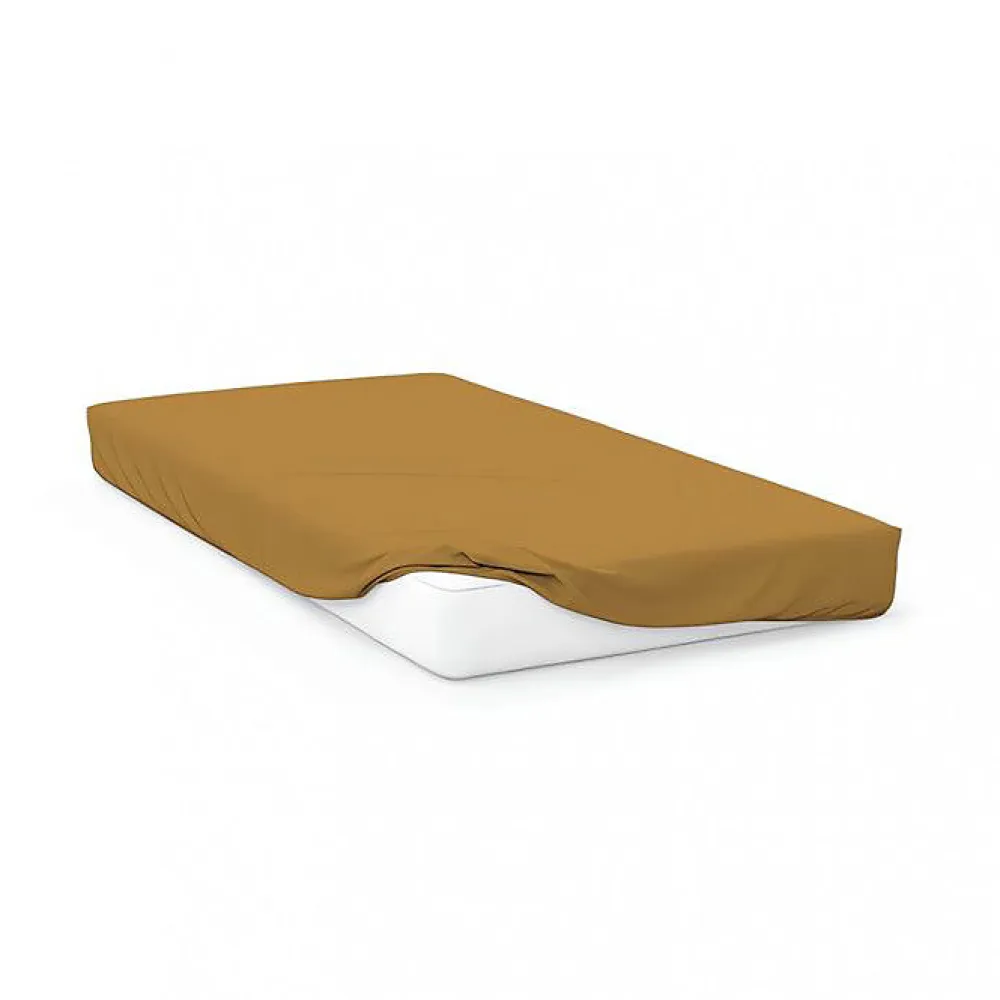 Drap housse en coton 57 fils 90x200 cm UNI moutarde, par>Soleil D'Ocre Hot