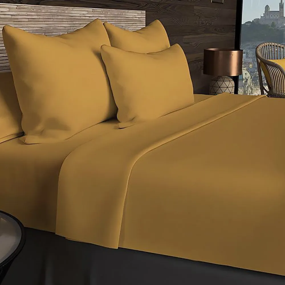 Drap housse en coton 57 fils 90x200 cm UNI moutarde, par>Soleil D'Ocre Hot