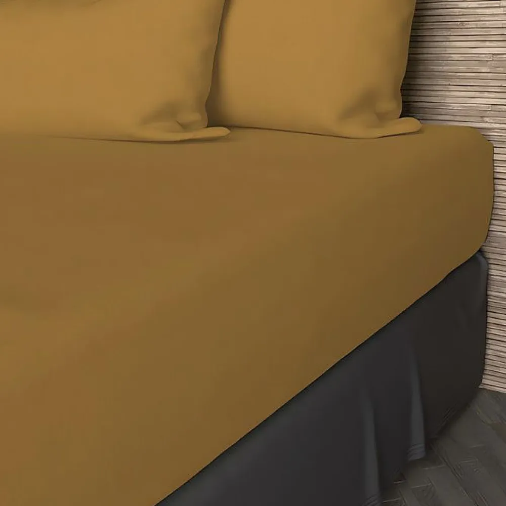 Drap housse en coton 57 fils 90x200 cm UNI moutarde, par>Soleil D'Ocre Hot