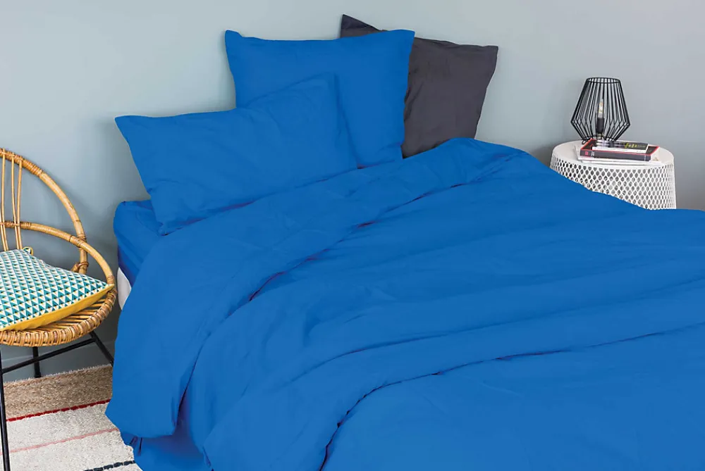 Drap housse en coton Lavé (160x200 cm - Bleu Encre)>Toison d'Or Discount