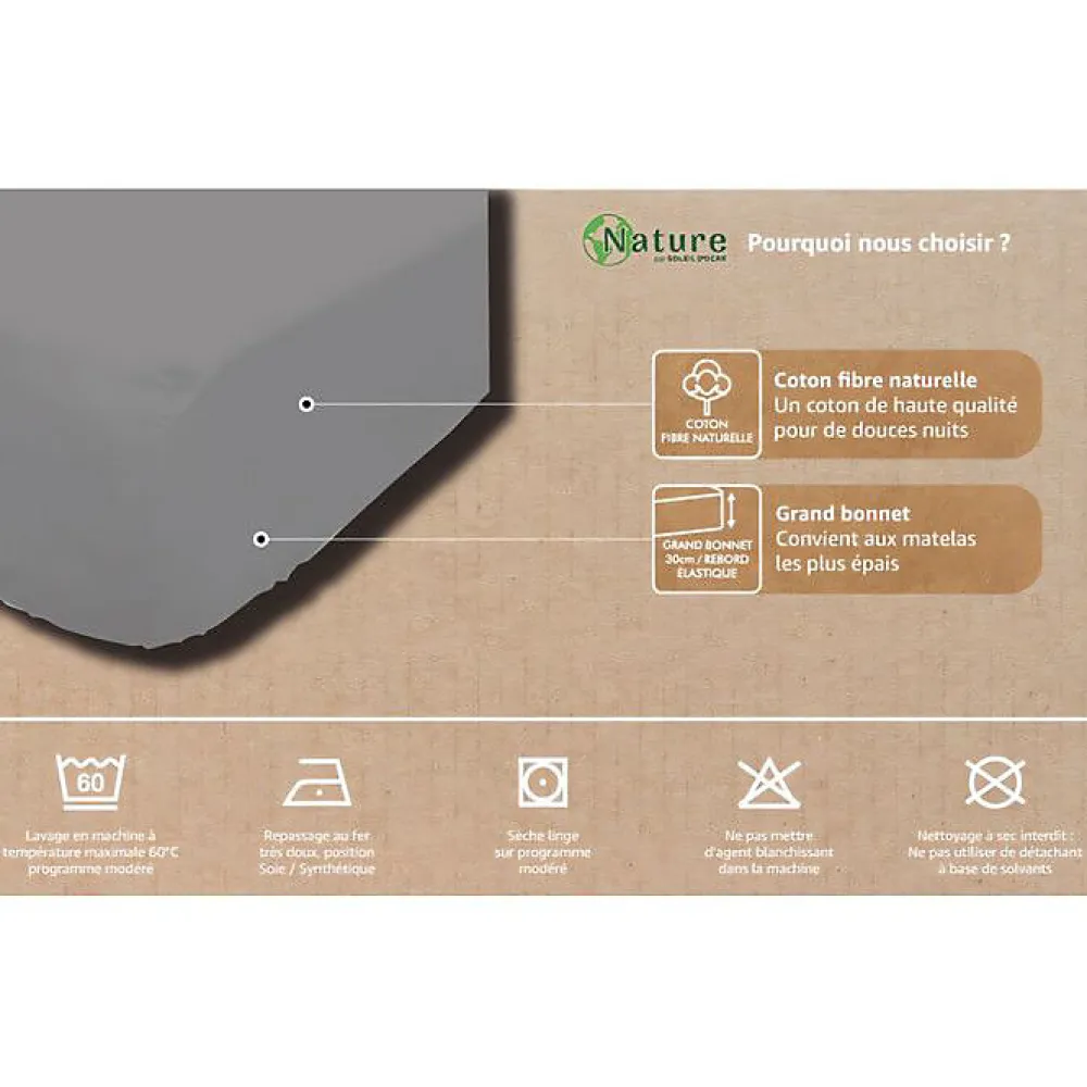 Drap housse en coton 160x200 cm PERCALE gris, par>Soleil D'Ocre