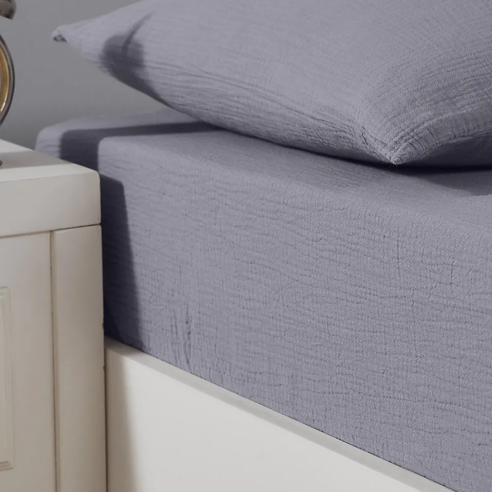 Drap housse en gaze de coton bonnet 30 cm Ardoise 160x200 cm LOFT>Sensei Maison Best