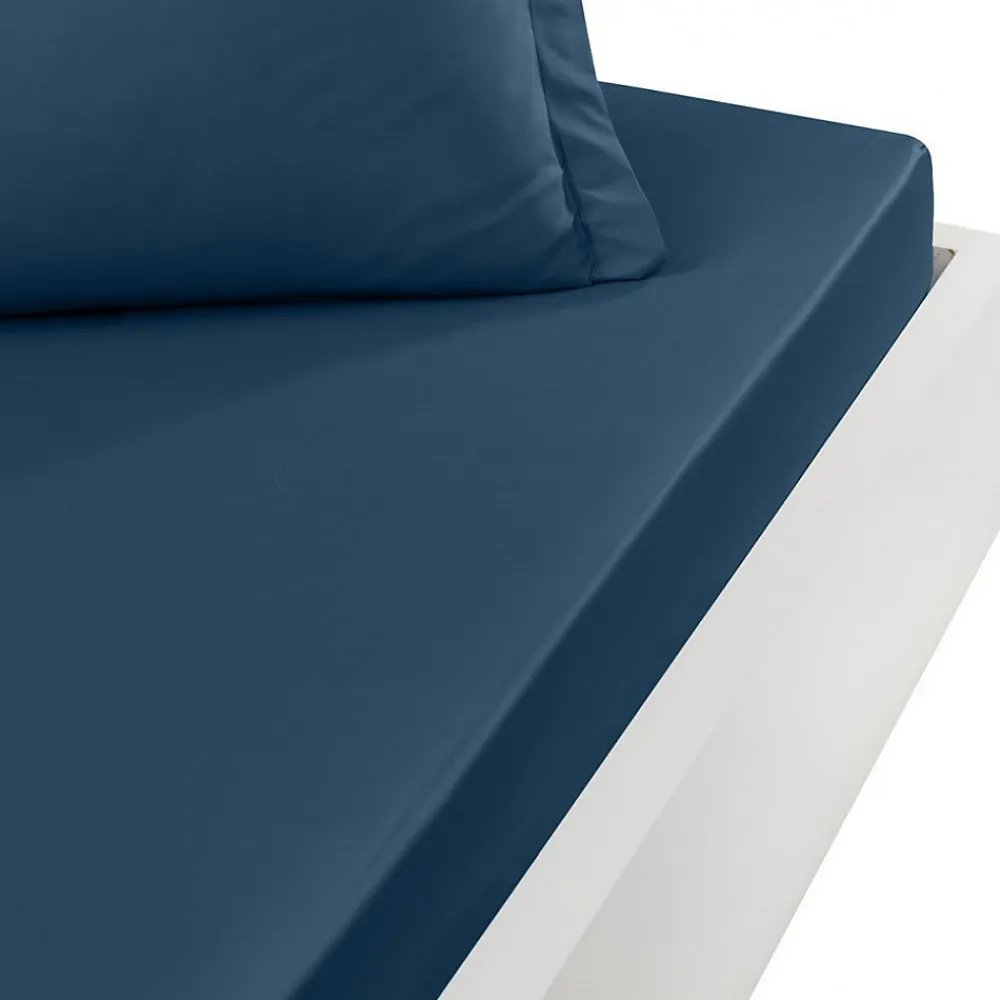 Drap housse en percale de coton bonnet 30 cm Indigo 160x200 cm SOFT PERCALE>Sensei Maison New