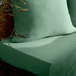 Drap housse Flora gaze de coton vert céladon 160x200cm - Atmosphera><noscript><img width=
