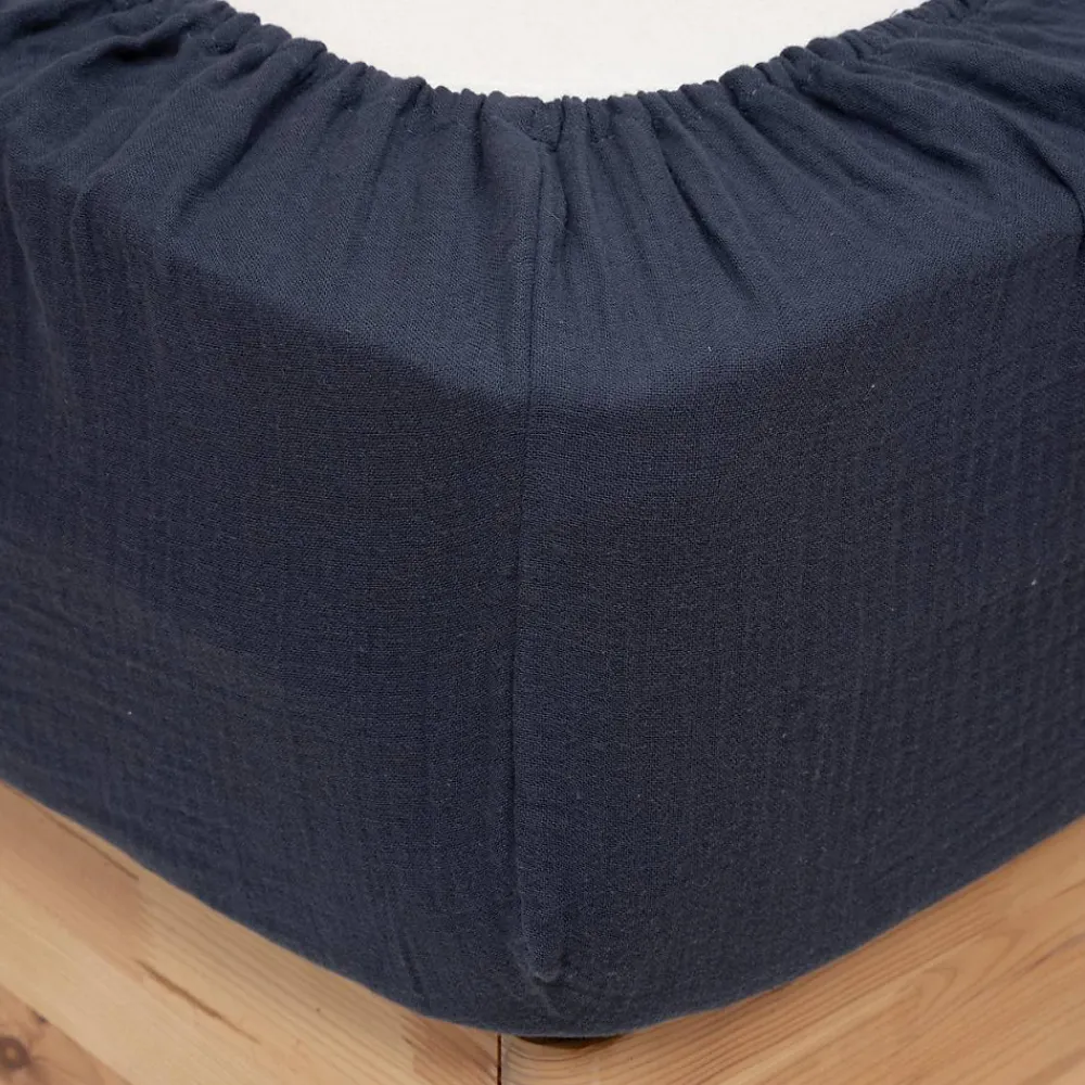 Atmosphera Créateur D'Intérieur Drap housse Flora gaze de coton bleu 140x190cm - Atmosphera* Boutis, Couvre-Lit, Édredon
