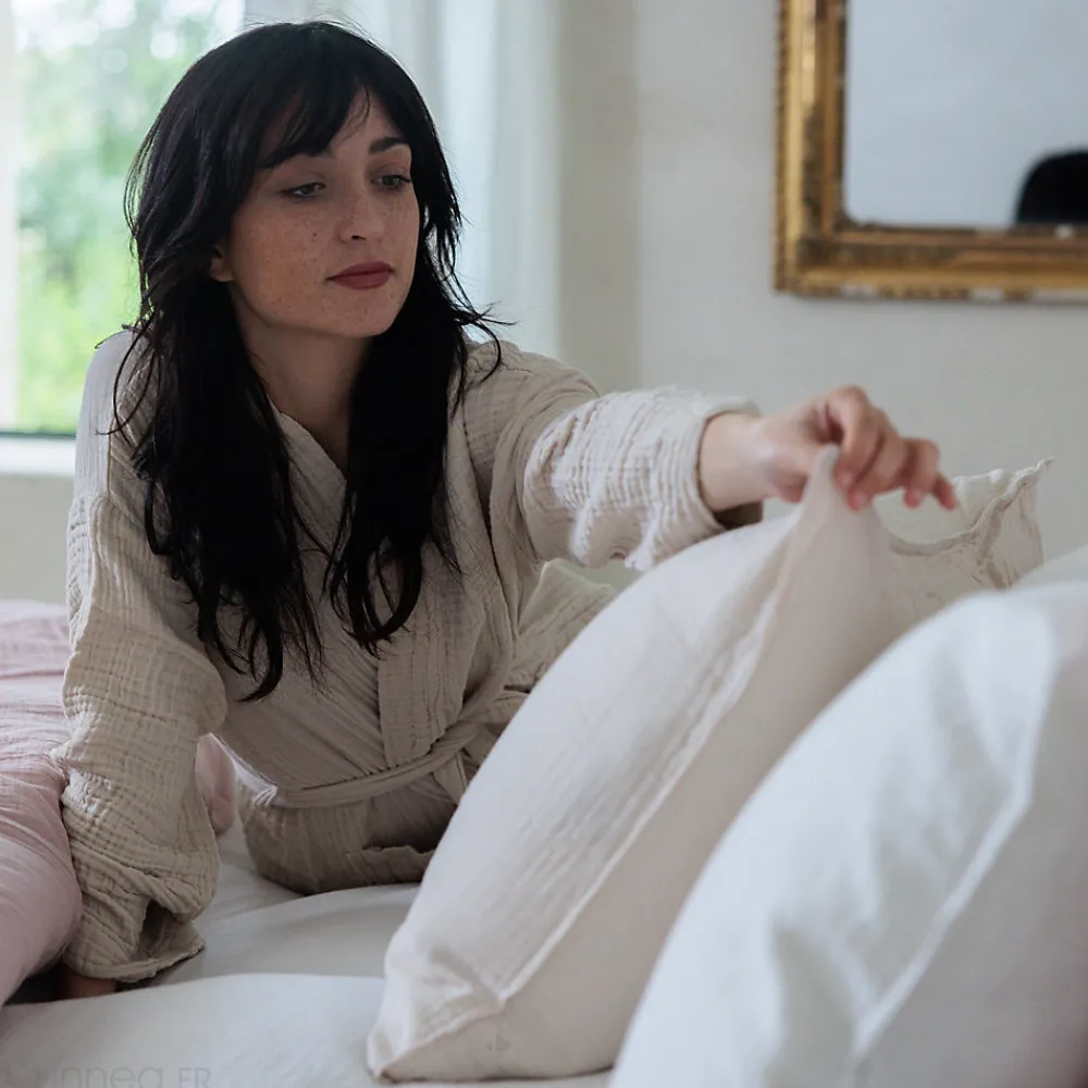 Drap housse MILOS mousseline de coton 140x200 cm bonnet 30 cm uni vert lichen>Linnea Best