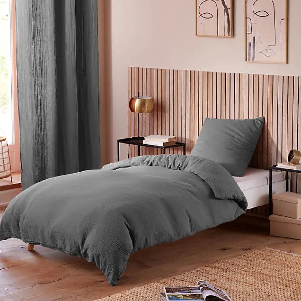 Drap housse "Noah" toutes dimensions "Gaze de Coton" - Noah Ardoise - 90 x 190 cm bonnet de 30 cm>Coton Pur New