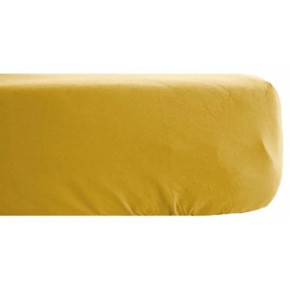 Vent Du Sud Drap housse Palace pur coton teint lavé 63 fils/cm² - Palace Curry - 140 x 190 cm bonnet de 35 cm* Drap Housse|Drap Housse