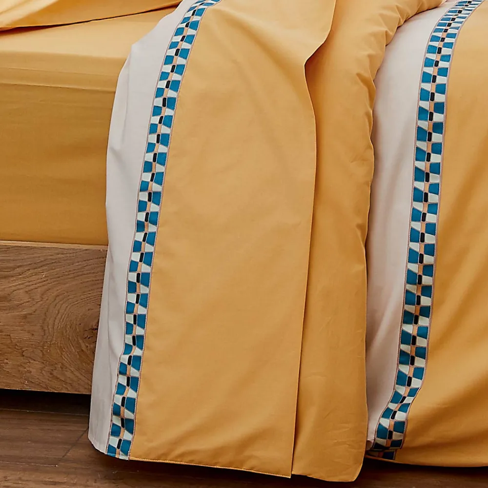 Drap plat en percale avec galon géométrique (180x290 cm - Jaune)>Tradilinge New