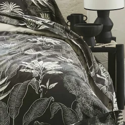 Tradilinge Drap plat en satin aux feuilles tropicales (240x310 cm - Gris anthracite)* Drap Plat