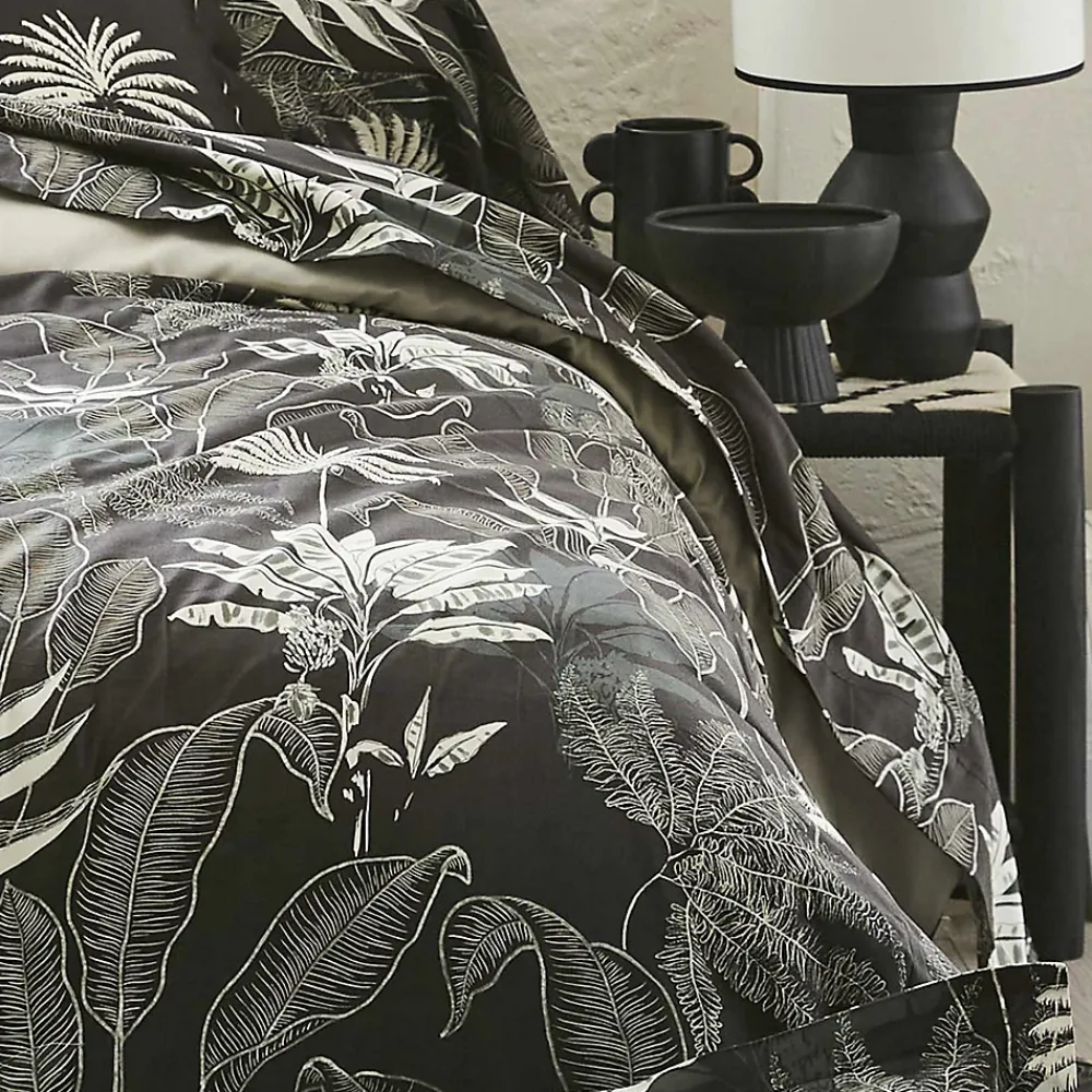 Tradilinge Drap plat en satin aux feuilles tropicales (240x310 cm - Gris anthracite)* Drap Plat