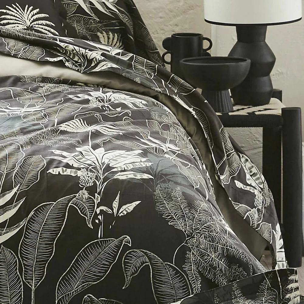 Drap plat en satin aux feuilles tropicales (280x325 cm - Gris anthracite)>Tradilinge Outlet